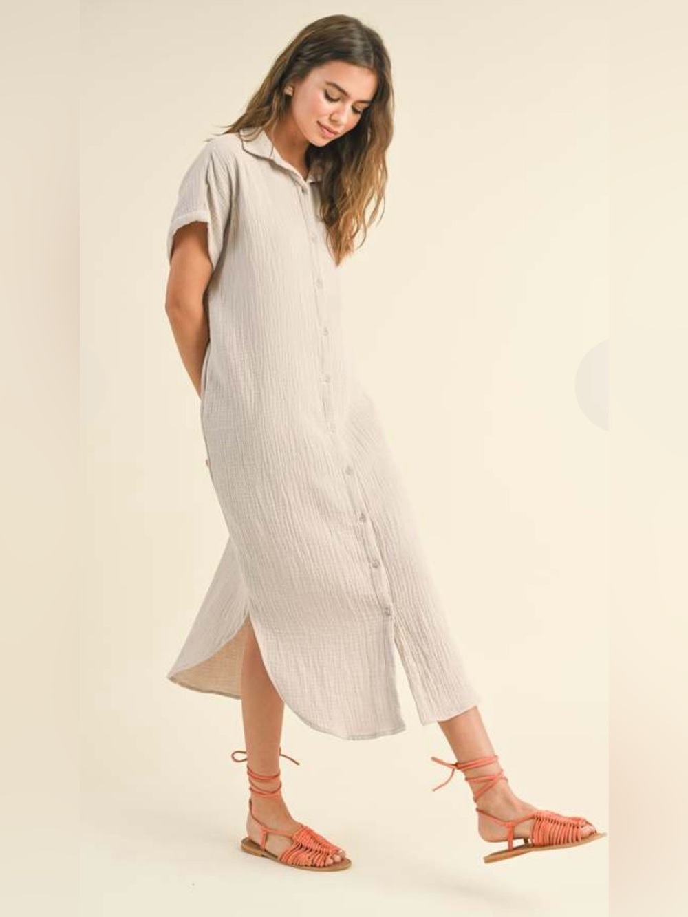 Miou Muse Miranda Double Gauze Button-down Shirt Dress in Stone Size: S/M